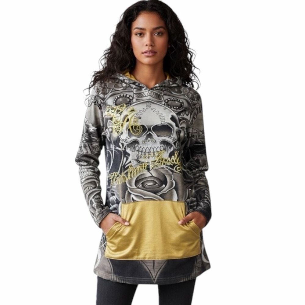 VINTAGE CHRISTIAN AUDIGIER x ED HARDY Women’s Black Gold Skull Graphic Hoodie Sm